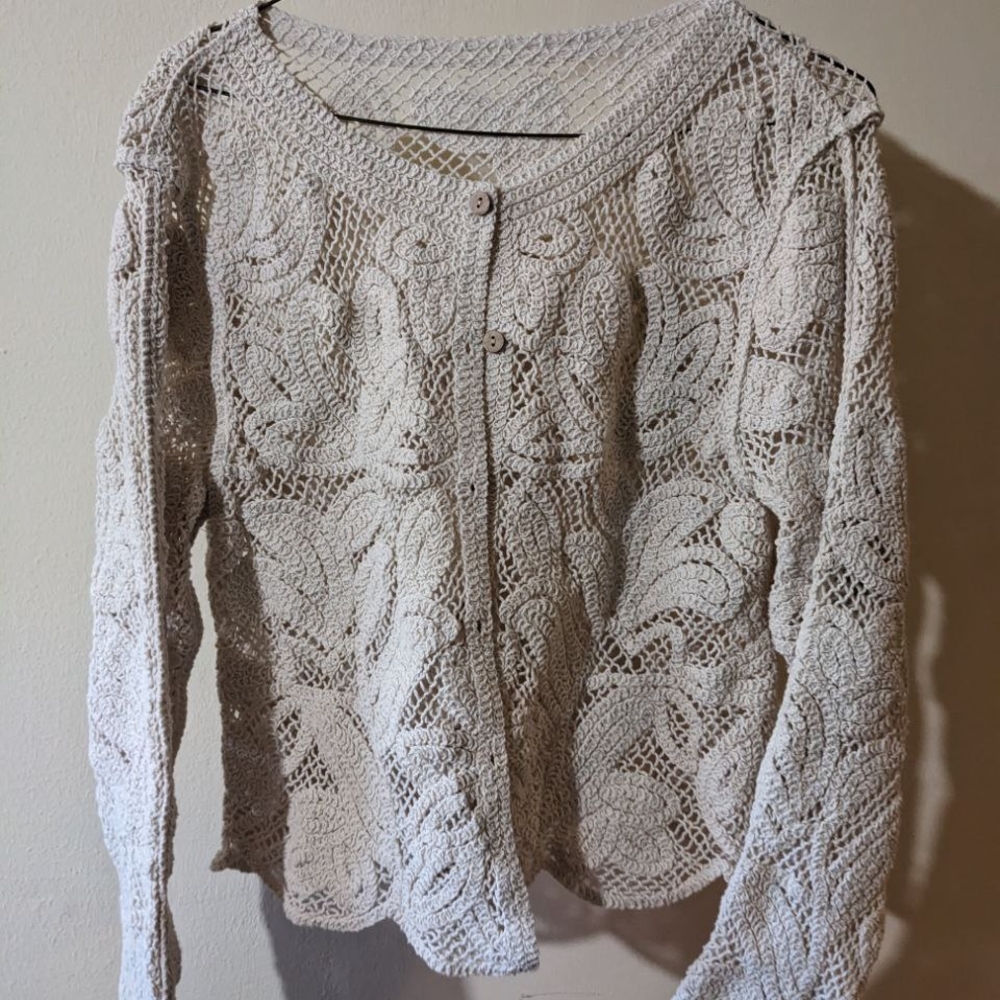 Elegant Cream Crochet Women's Buttoned Sweater